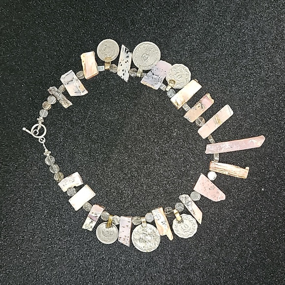 Pink slab stick peru opal necklace with coins - Picture 7 of 9